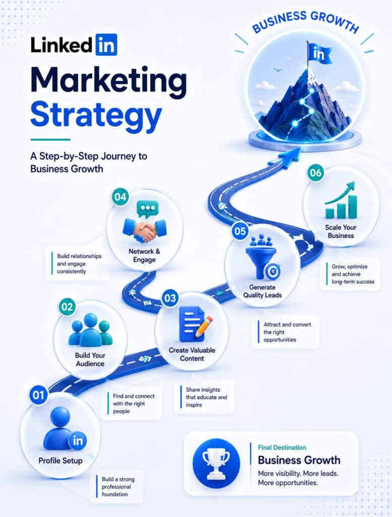 LinkedIn Marketing Strategy India: Business Growth Roadmap (2026) LinkedIn marketing strategy India roadmap infographic showing profile optimization, audience building, content creation, networking, lead generation, and business growth for small businesses.