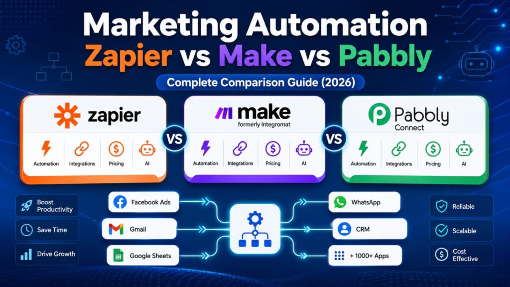 Marketing automation and workflow automation software comparison between Zapier, Make, and Pabbly Connect for pricing, integrations, AI features, and business automation in 2026.