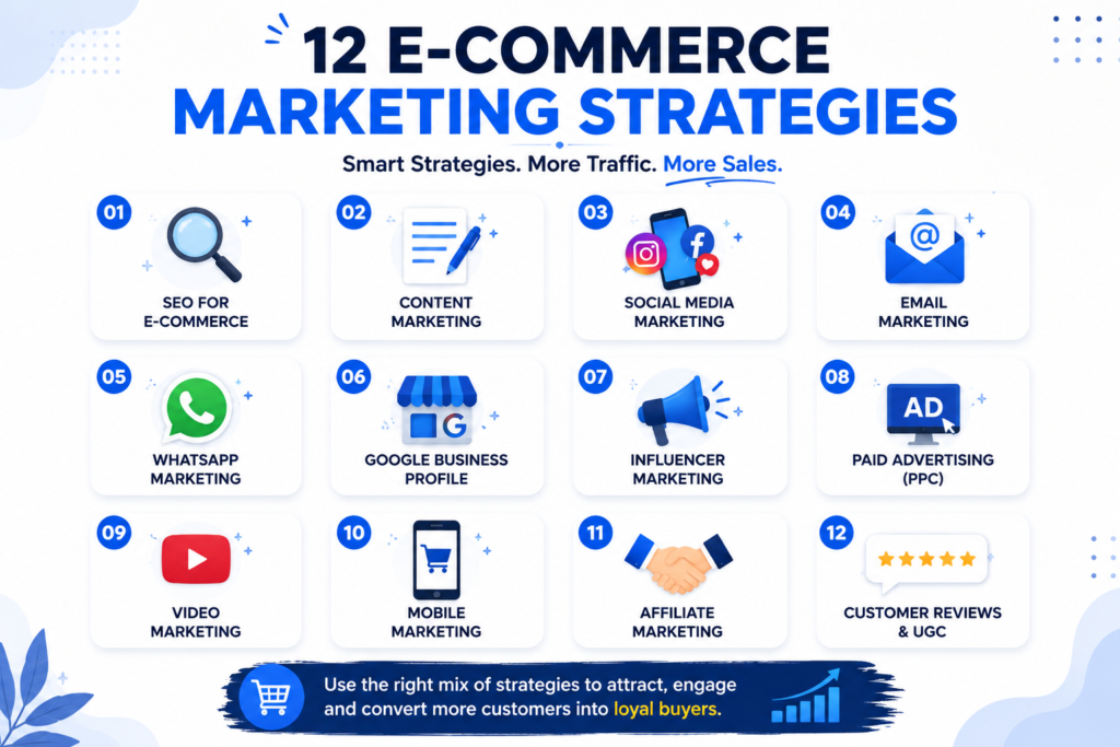 E-commerce marketing for small businesses infographic showing the top e-commerce marketing strategies including SEO, content marketing, social media, email marketing, WhatsApp marketing, Google Business Profile, paid advertising, video marketing, affiliate marketing, and customer reviews.