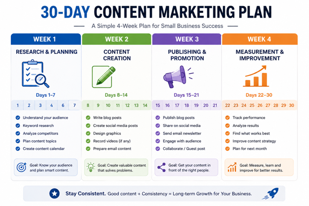 30-day content marketing plan for small businesses showing four weeks of research, content creation, promotion, and measurement