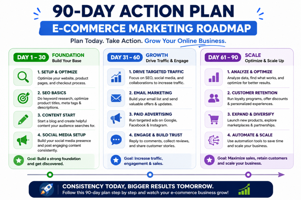 90-day e-commerce marketing action plan for small businesses infographic showing a step-by-step roadmap to build, grow, and scale an online business.