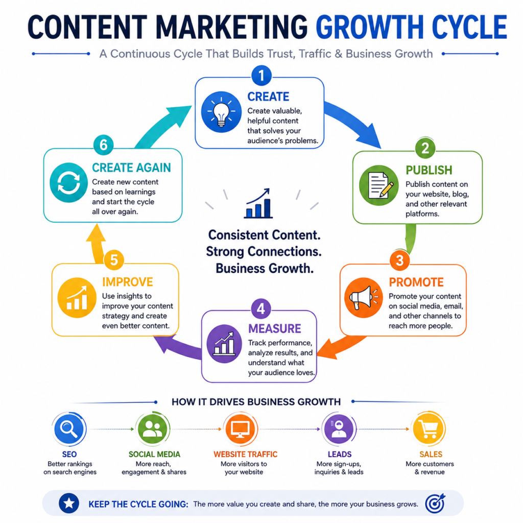 Content marketing growth cycle for small businesses showing create, publish, promote, measure, improve, and create again