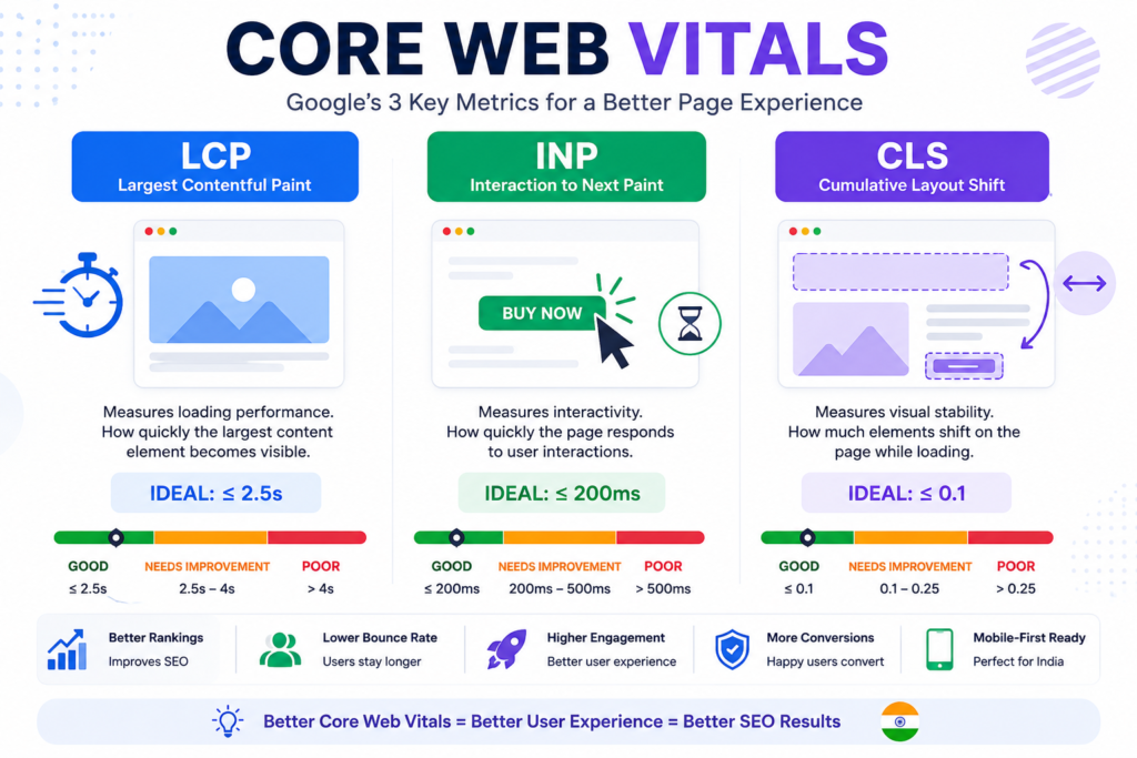 Core Web Vitals Explained – LCP, INP & CLS Metrics for Better SEO and User Experience Infographic explaining Core Web Vitals with LCP, INP, and CLS metrics, ideal performance scores, and how they improve website speed, user experience, mobile SEO, and Google rankings.