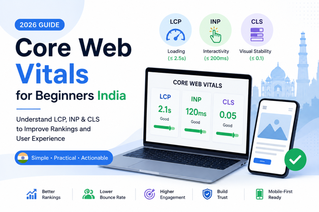Illustration explaining Core Web Vitals for Beginners in India, featuring LCP, INP, CLS metrics, website performance dashboard, mobile optimization, and SEO benefits for improving Google rankings.