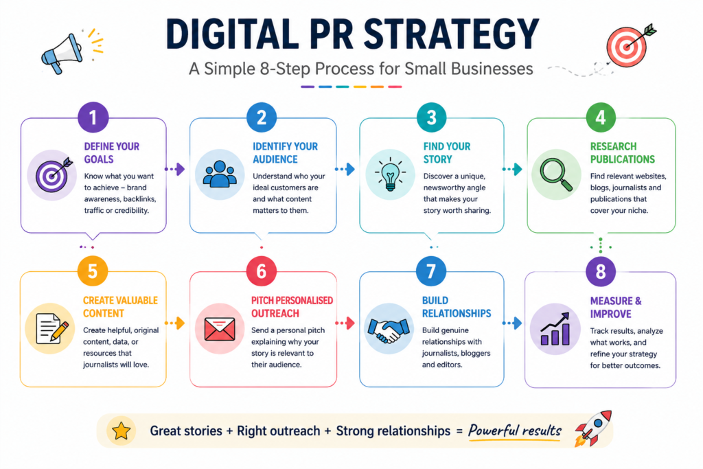 Digital PR strategy for small businesses showing eight steps from defining goals to measuring results