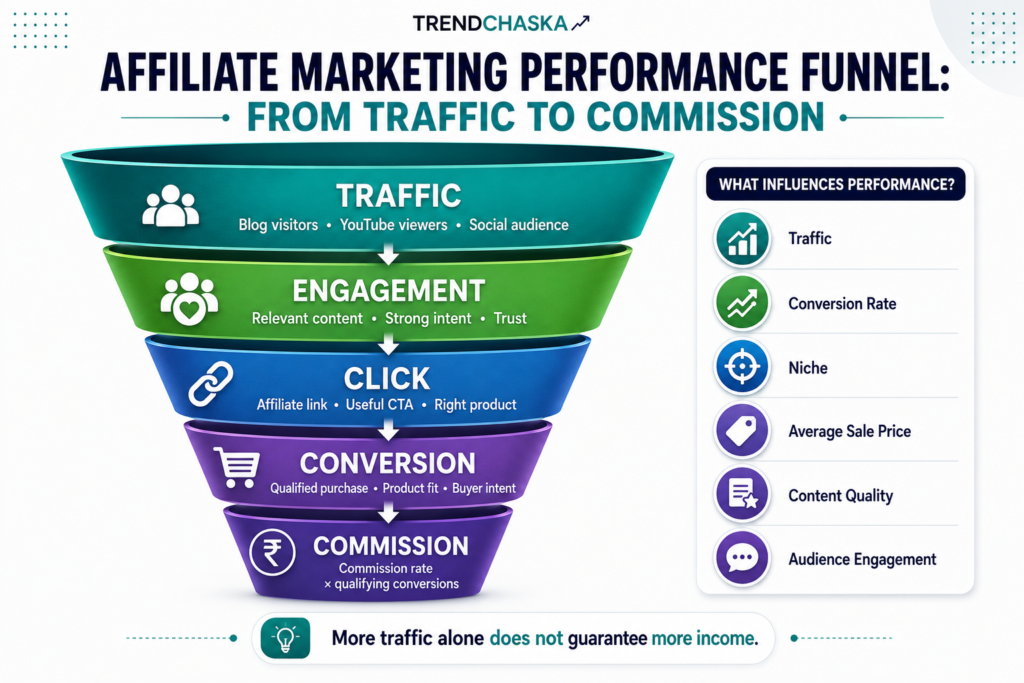 Affiliate Marketing Performance Funnel: Traffic to Commission Affiliate marketing performance funnel from traffic to clicks, conversions and commission