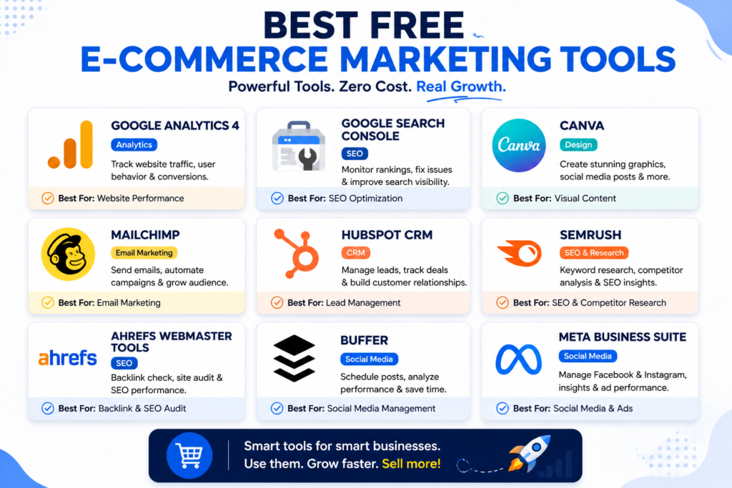 Best e-commerce marketing tools for small businesses infographic featuring Google Analytics, Google Search Console, Canva, Mailchimp, HubSpot, SEMrush, Ahrefs, Buffer, and Meta Business Suite.