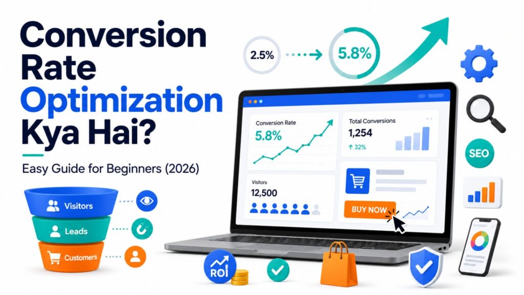 Conversion rate optimization dashboard showing website analytics, conversion rate growth, rate optimization, and CRO for beginners India.
