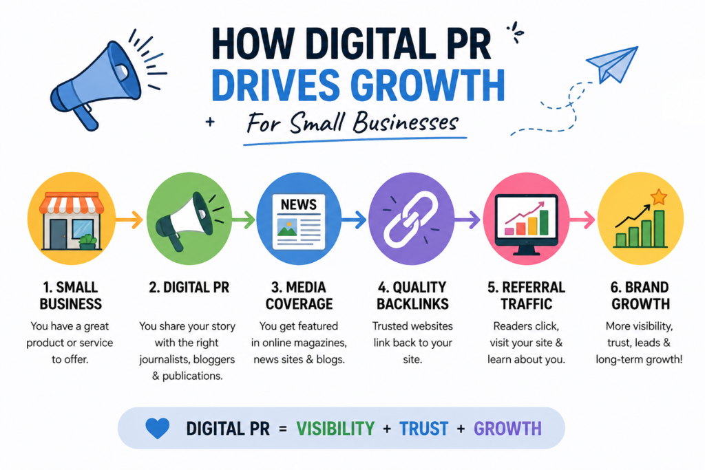 Digital PR process for small businesses showing media coverage, quality backlinks, referral traffic, and brand growth