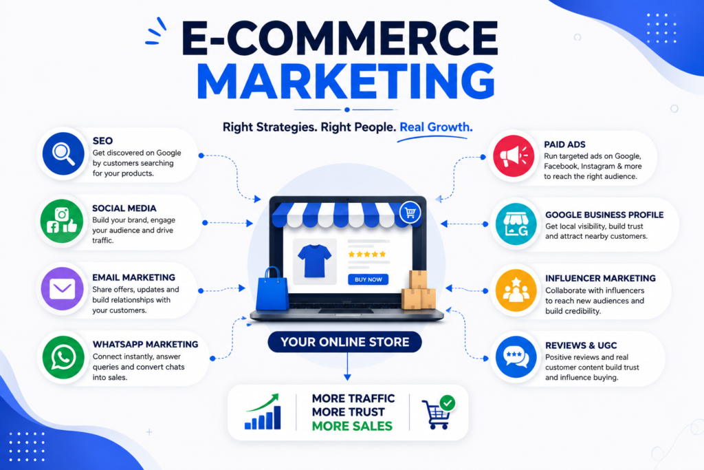 E-commerce marketing for small businesses infographic showing SEO, social media, email marketing, WhatsApp marketing, and paid ads driving online store growth