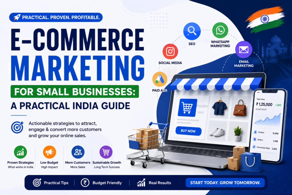 E-commerce marketing for small businesses in India featured image showing SEO, social media, WhatsApp marketing, email marketing, paid ads, and an online store dashboard.