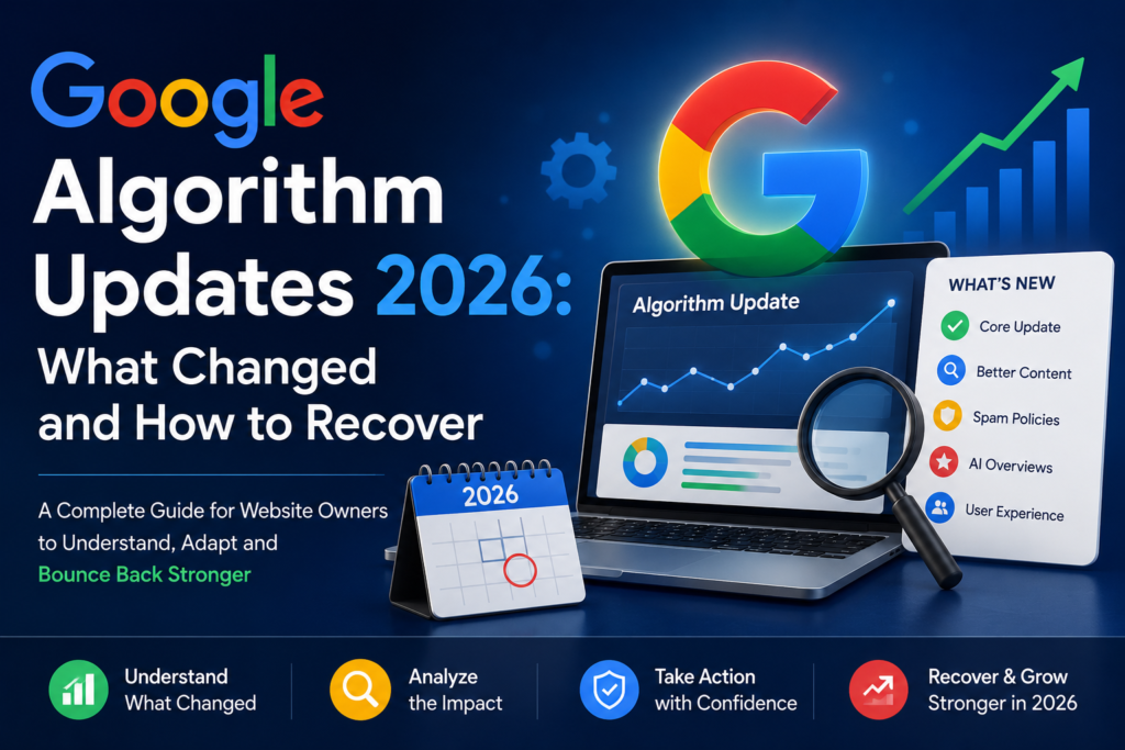 Google Algorithm Updates 2026 showing SEO rankings, website analytics, and recovery strategies