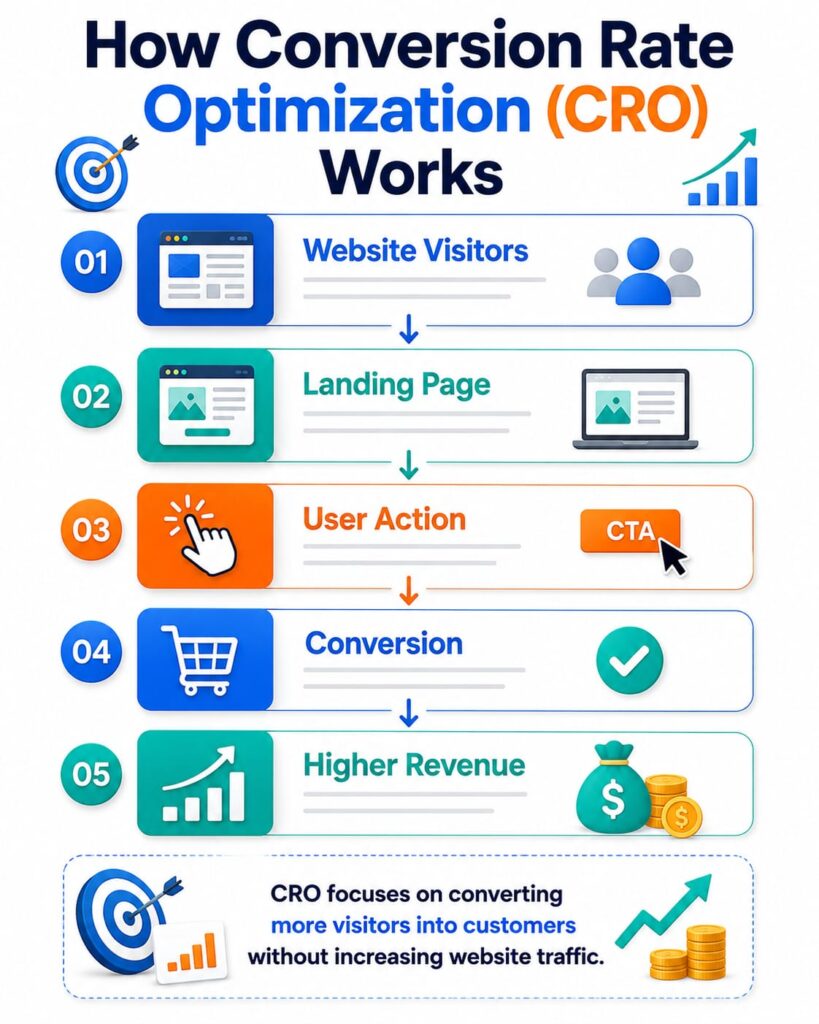 How Conversion Rate Optimization Works for Better Conversion Rate Infographic explaining conversion rate optimization and rate optimization by showing how website visitors become customers through landing pages, user actions, and conversions.
