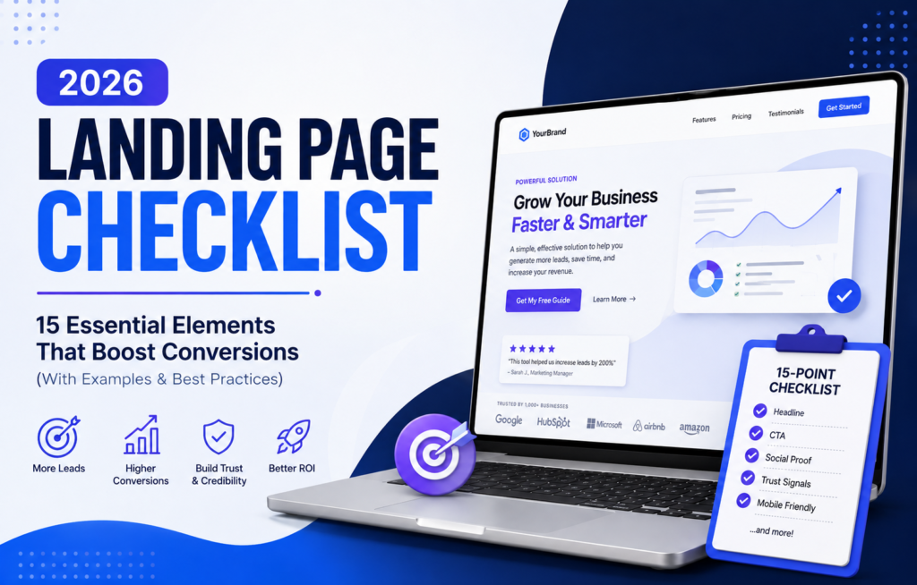 2026 landing page checklist showing 15 essential elements to boost conversions