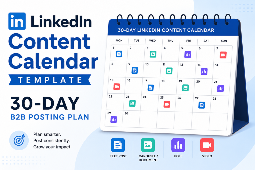 LinkedIn content calendar template showing a 30-day B2B posting plan