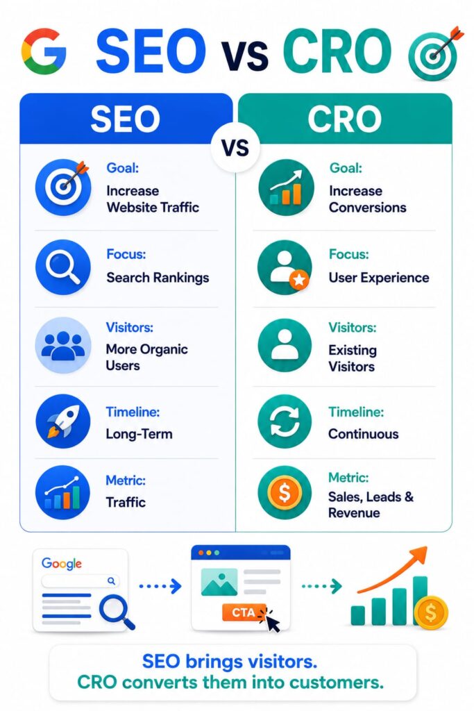 SEO vs Conversion Rate Optimization Comparison SEO vs conversion rate optimization infographic comparing traffic, conversion rate, user experience, rate optimization, and revenue for CRO beginners in India.