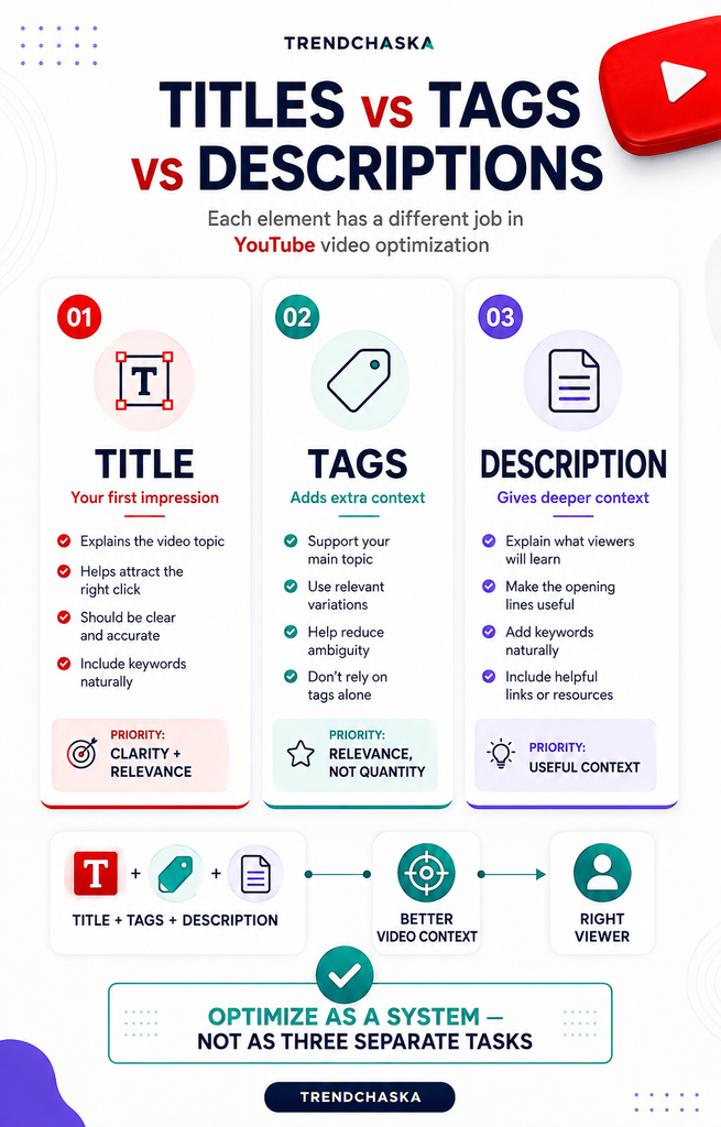YouTube Titles vs Tags vs Descriptions for Video SEO YouTube titles vs tags vs descriptions infographic explaining their different roles in YouTube video optimization