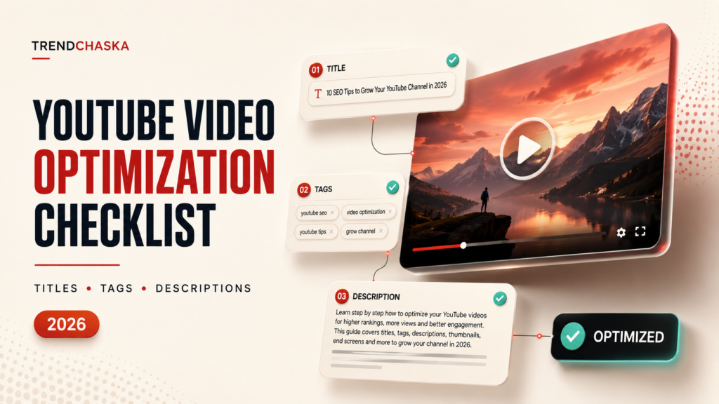 YouTube video optimization checklist showing title, tags and description optimization for better video SEO in 2026