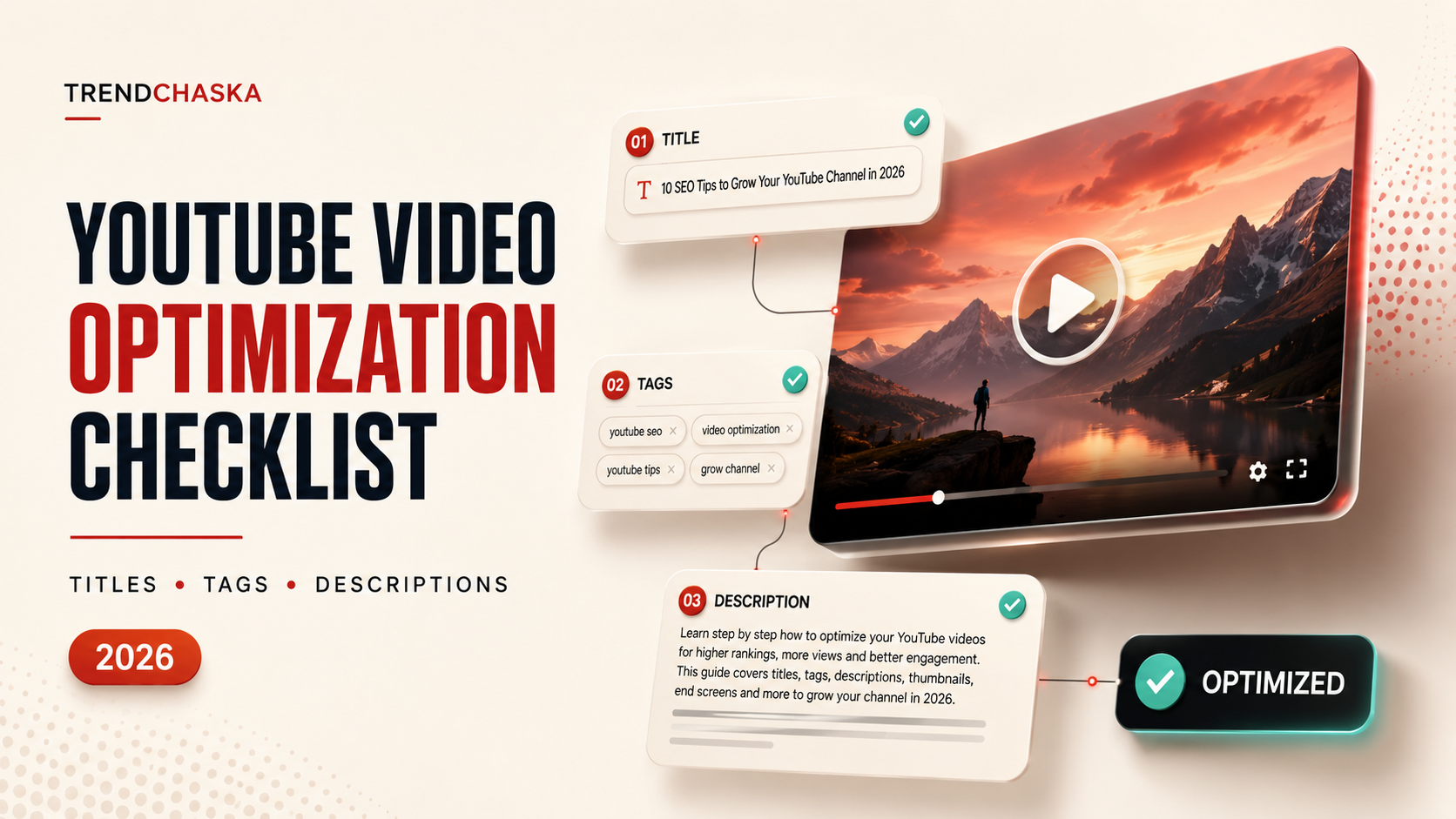 YouTube video optimization checklist showing title, tags and description optimization for better video SEO in 2026