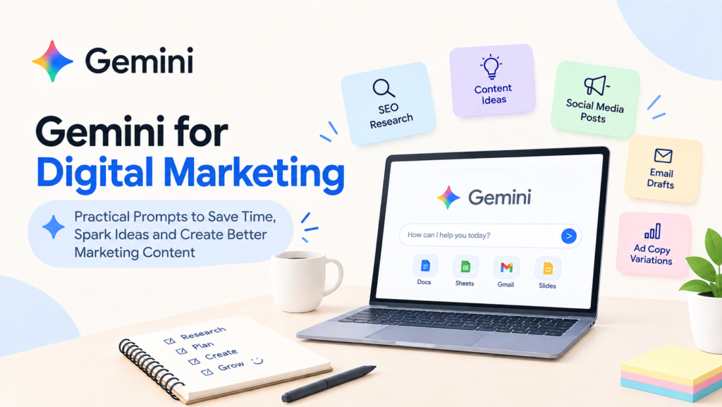 Gemini for digital marketing with practical AI prompts for SEO, content, social media, email marketing, and advertising