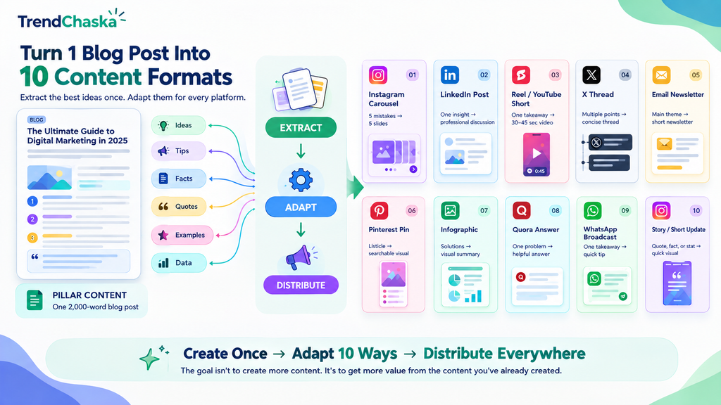 Content Repurposing: 10 Content Formats From One Blog Post Content repurposing infographic showing 10 content formats from one blog post