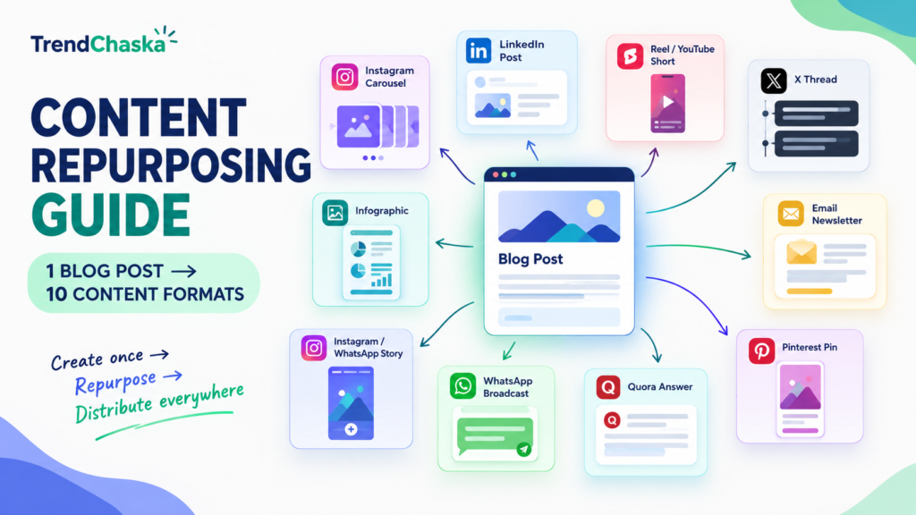 Content repurposing guide showing how 1 blog post can become 10 content formats