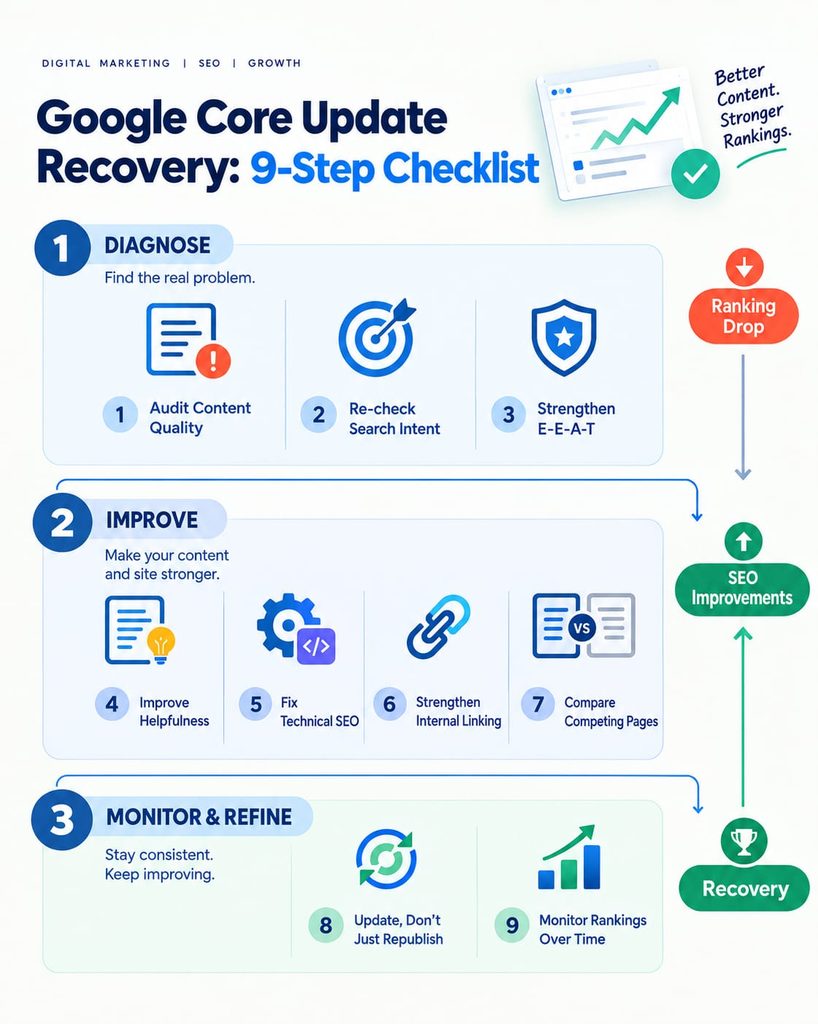 Google Core Update Recovery 9-Step SEO Checklist covering content quality, search intent, E-E-A-T, helpfulness, technical SEO, internal linking, competitor analysis, content updates, and ranking monitoring.