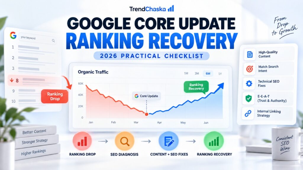 Google Core Update ranking recovery checklist showing a drop and recovery in organic traffic
