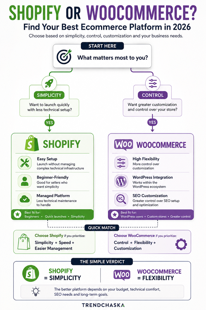 Shopify or WooCommerce decision tree showing which ecommerce platform is best based on simplicity, flexibility, control and customization.