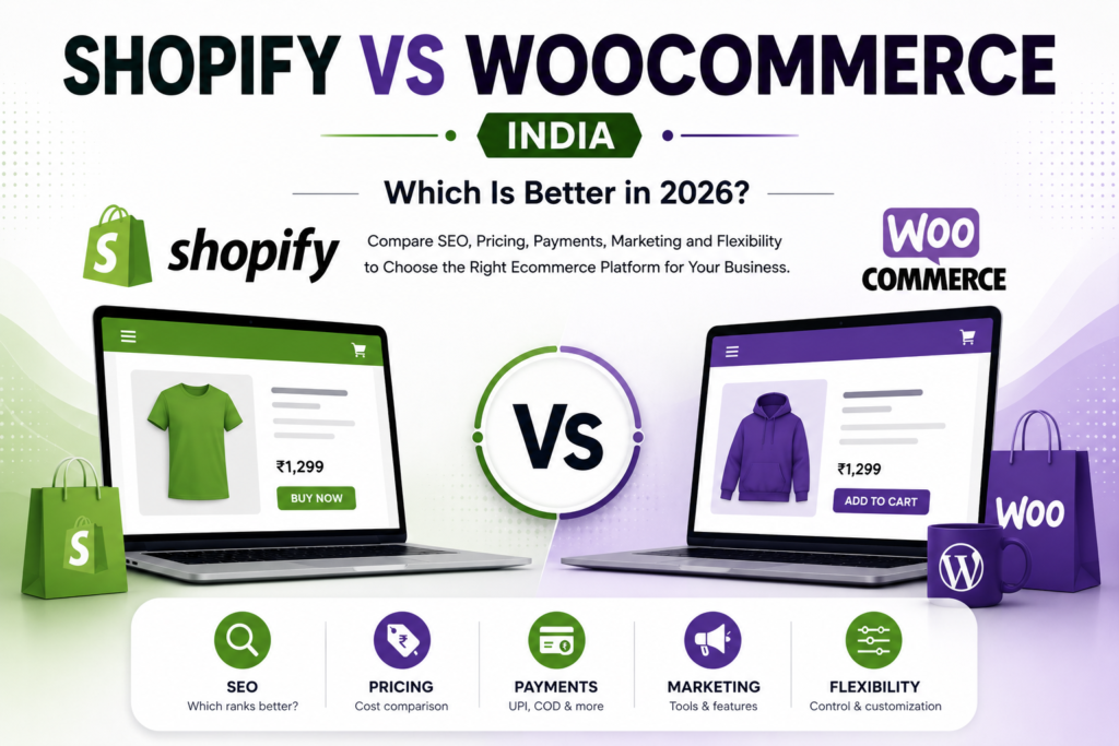 A visual comparison of Shopify and WooCommerce for Indian ecommerce sellers, highlighting key factors including SEO, pricing, payments, marketing and flexibility to help businesses choose the right ecommerce platform in 2026.