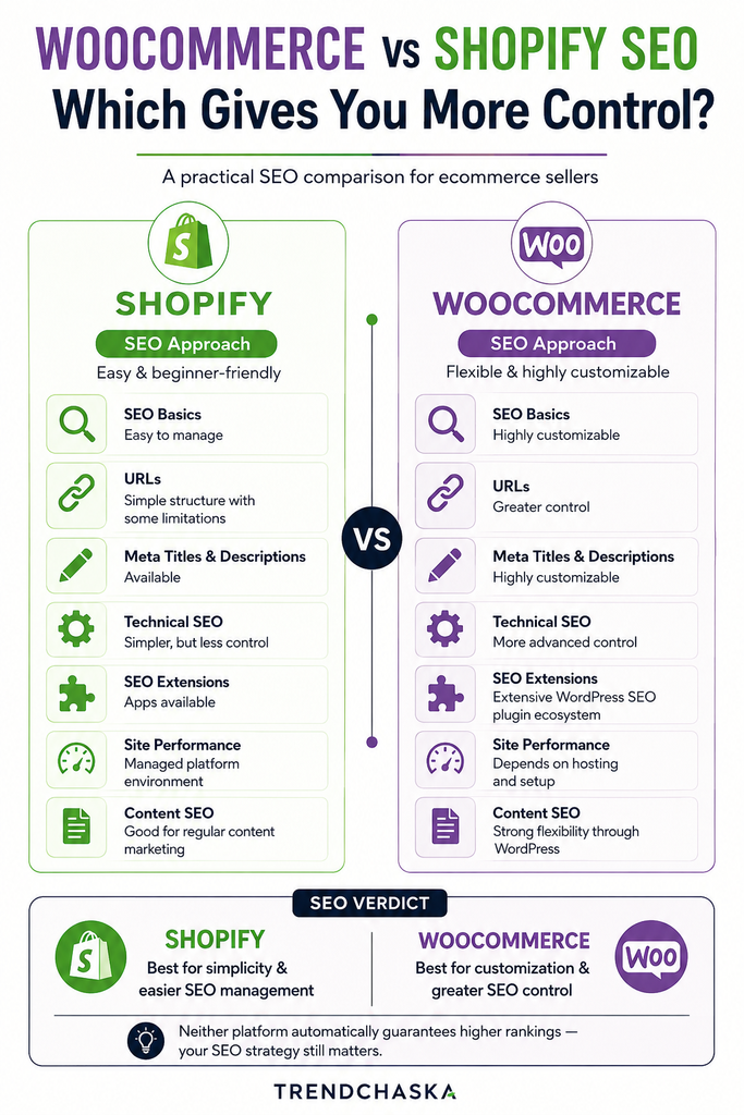 WooCommerce vs Shopify SEO comparison showing SEO features, customization, URLs, technical SEO and content SEO