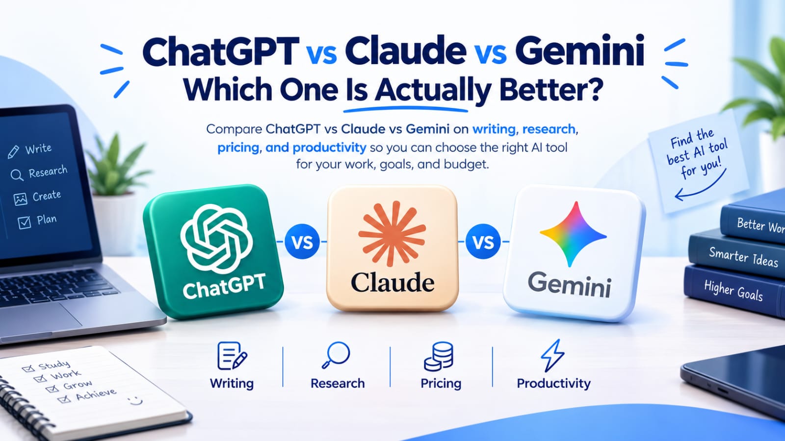ChatGPT vs Claude vs Gemini comparison for writing, research, pricing, and productivity.
