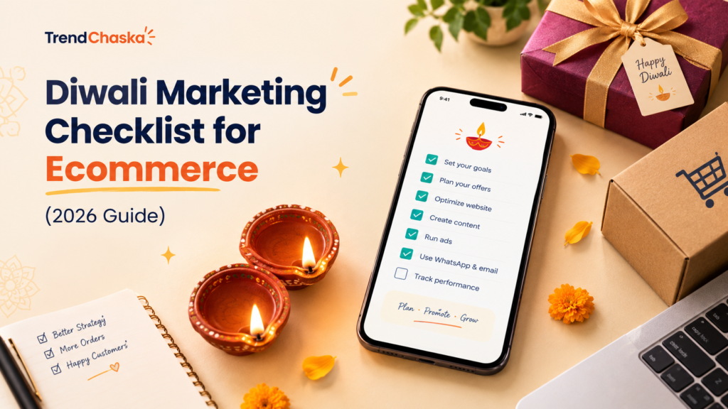 Diwali marketing checklist ecommerce planning on a phone with diyas and gift boxes