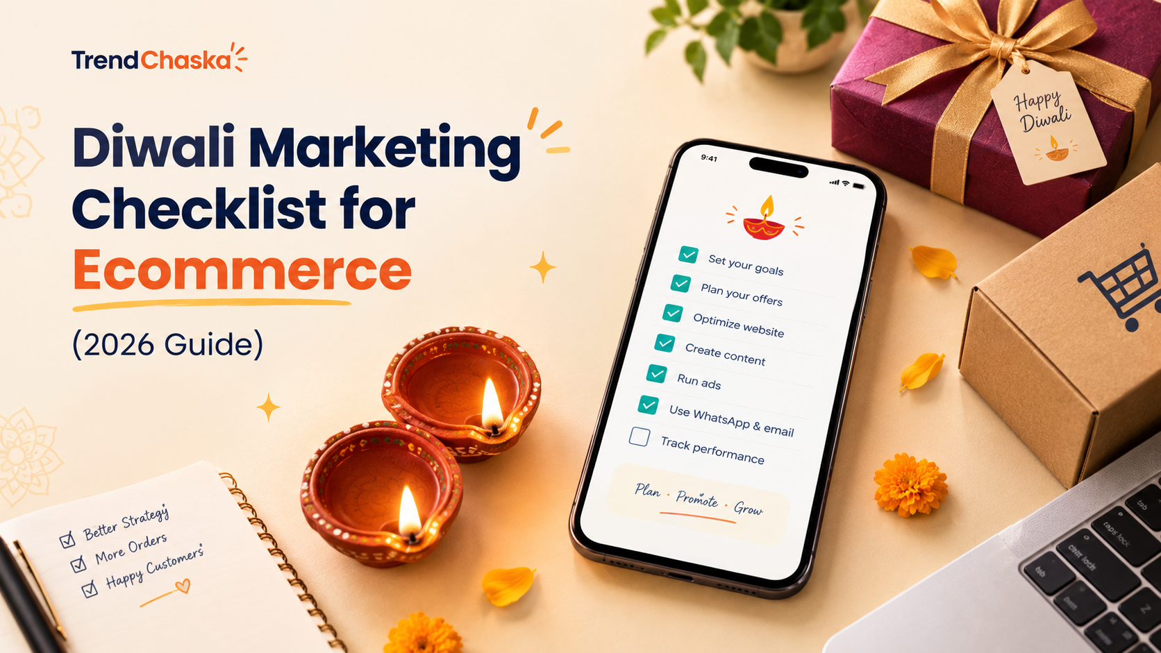 Diwali marketing checklist ecommerce planning on a phone with diyas and gift boxes