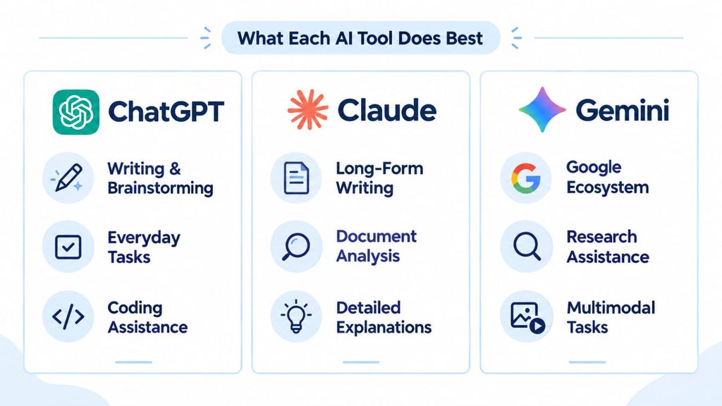 Comparison of ChatGPT, Claude, and Gemini features and strengths