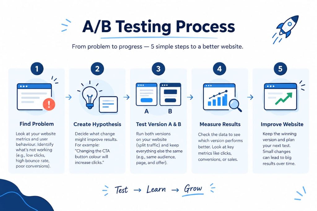 A/B testing process for small business websites showing five steps: find the problem, create a hypothesis, test versions A and B, measure results, and improve the website.